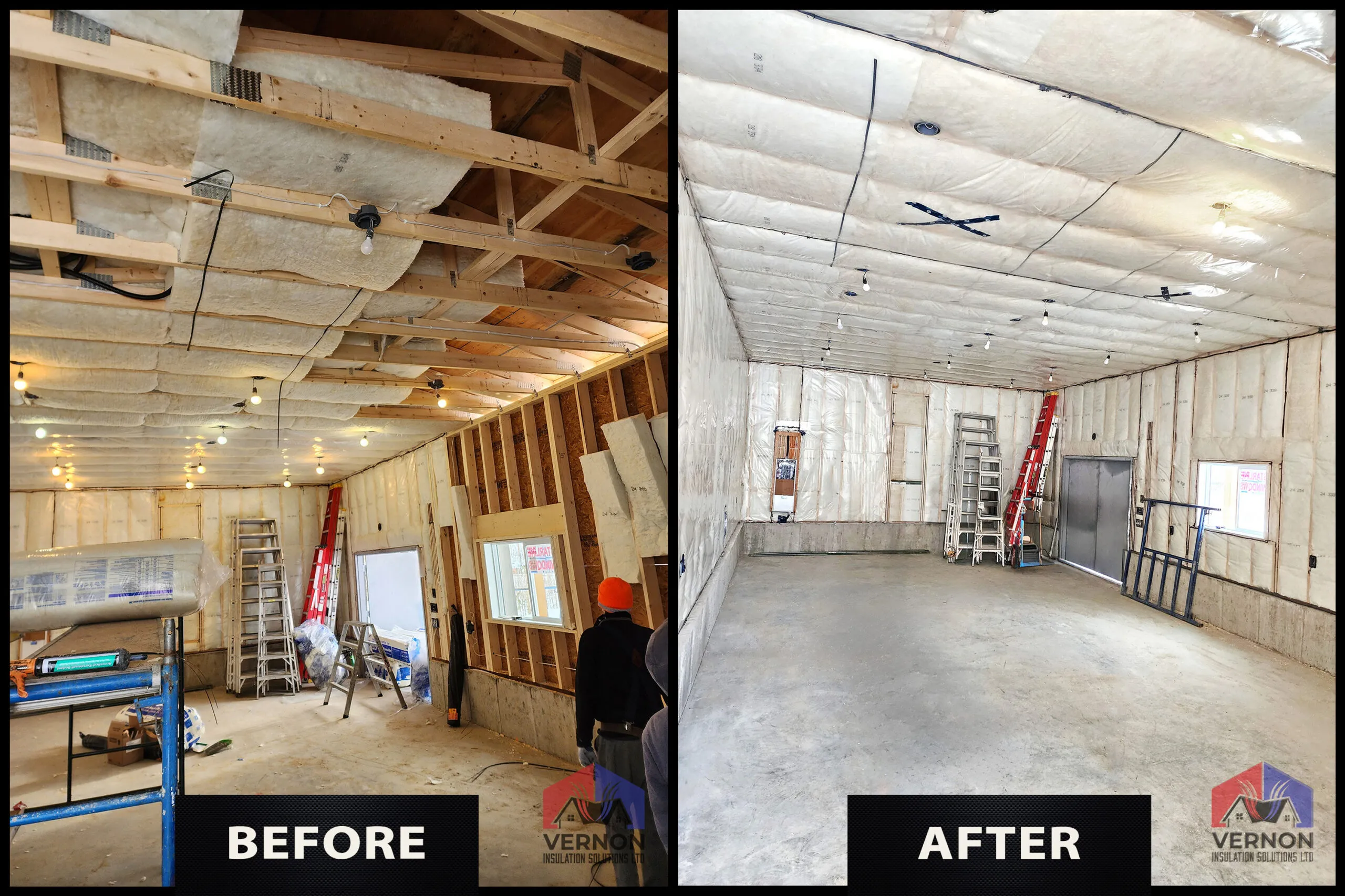 Before and after of a shop interior insulated and finished by Vernon Insulation Solutions