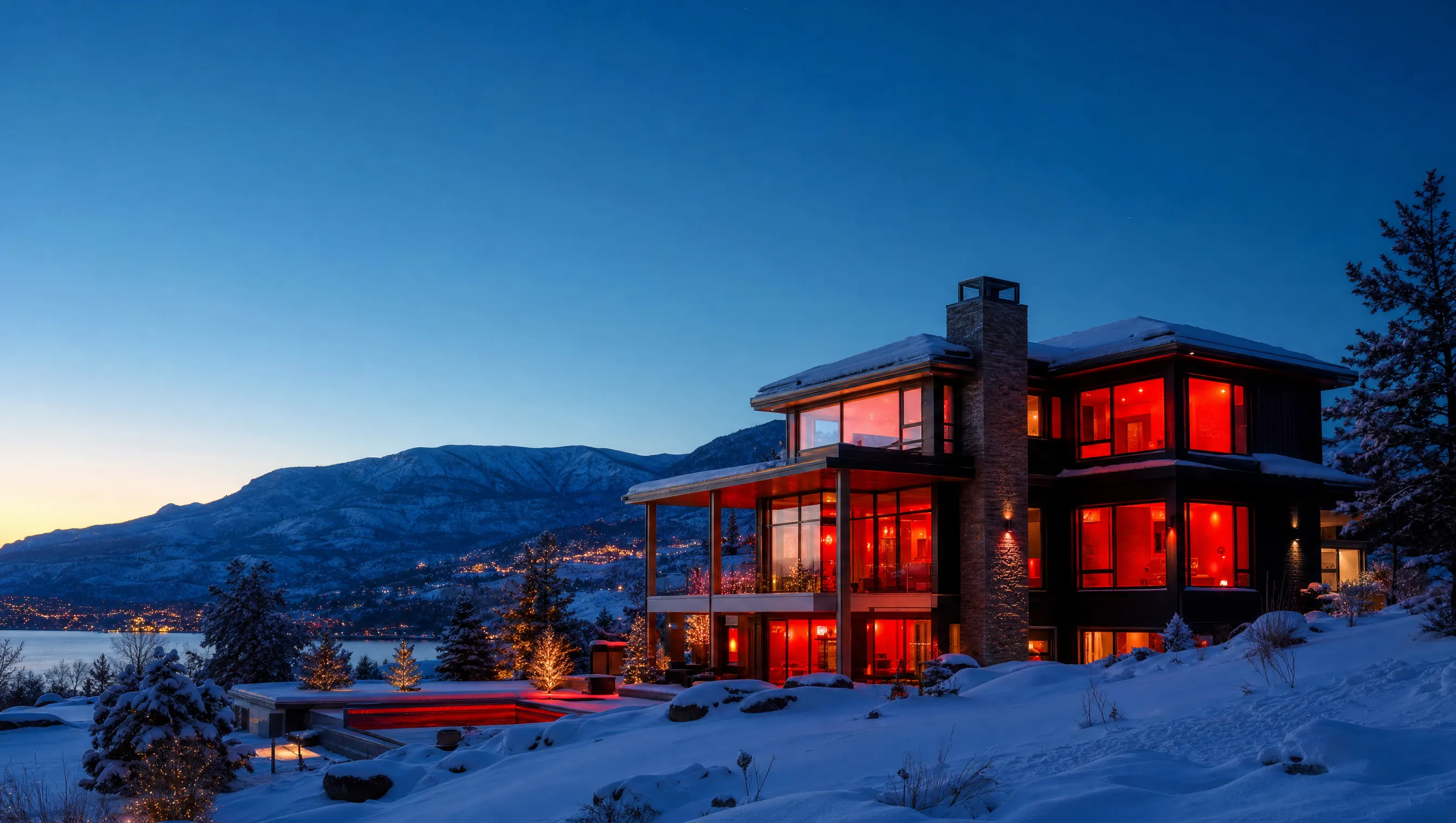 Okanagan home at winter dusk with warm light glowing from every window