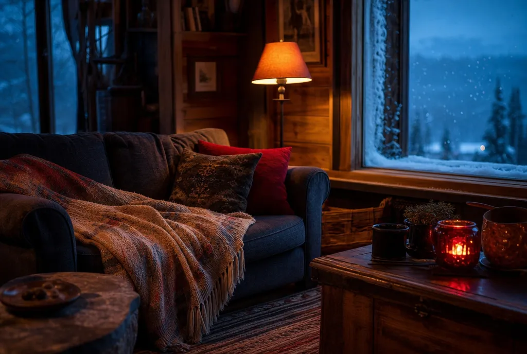 Warm living room in winter with frost on the window and snow outside