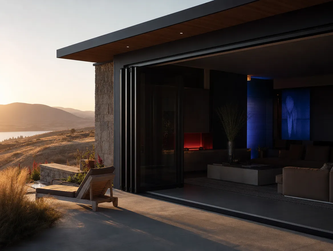 Okanagan home in dry summer heat with a cool shaded interior beyond the patio door
